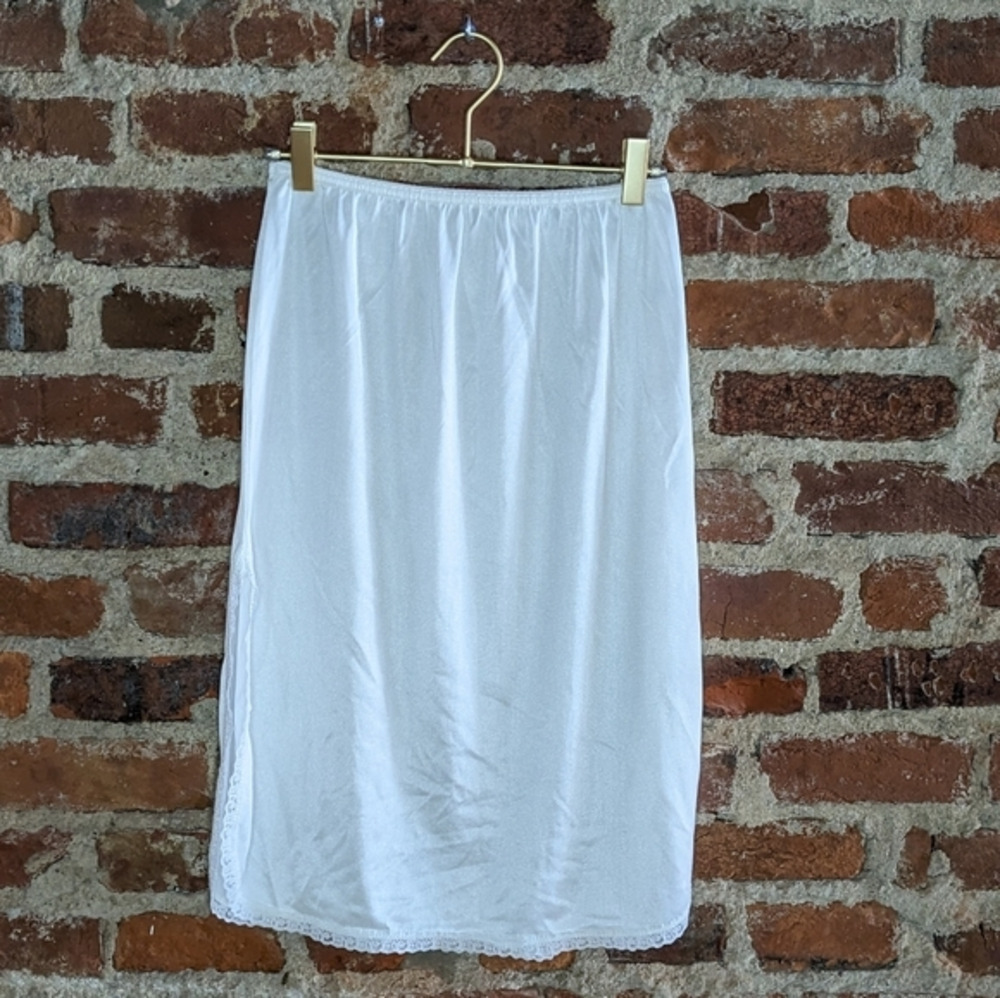 Vintage Fortune Medium White Double Side Slit Skirt Slip w/ Lace Trim